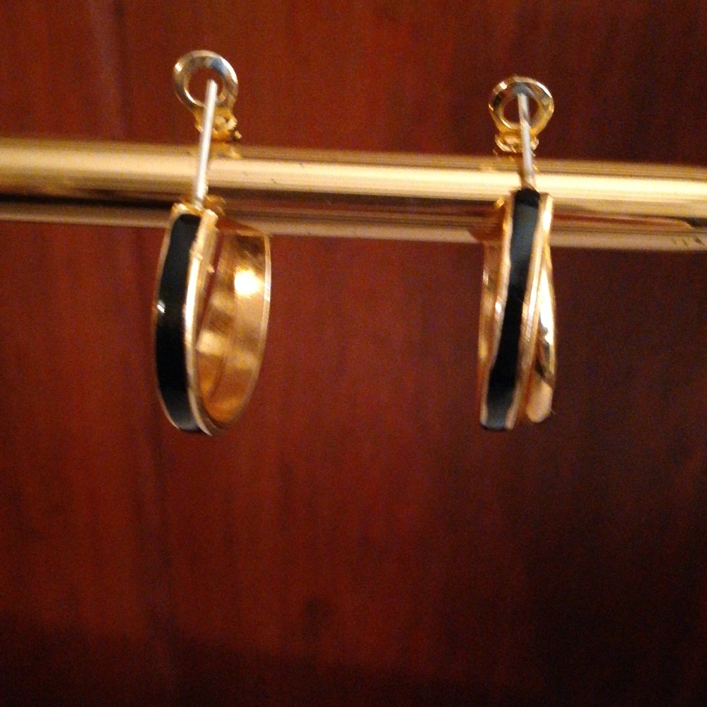 Vintage Gold & Black Enamel Loop Earrings